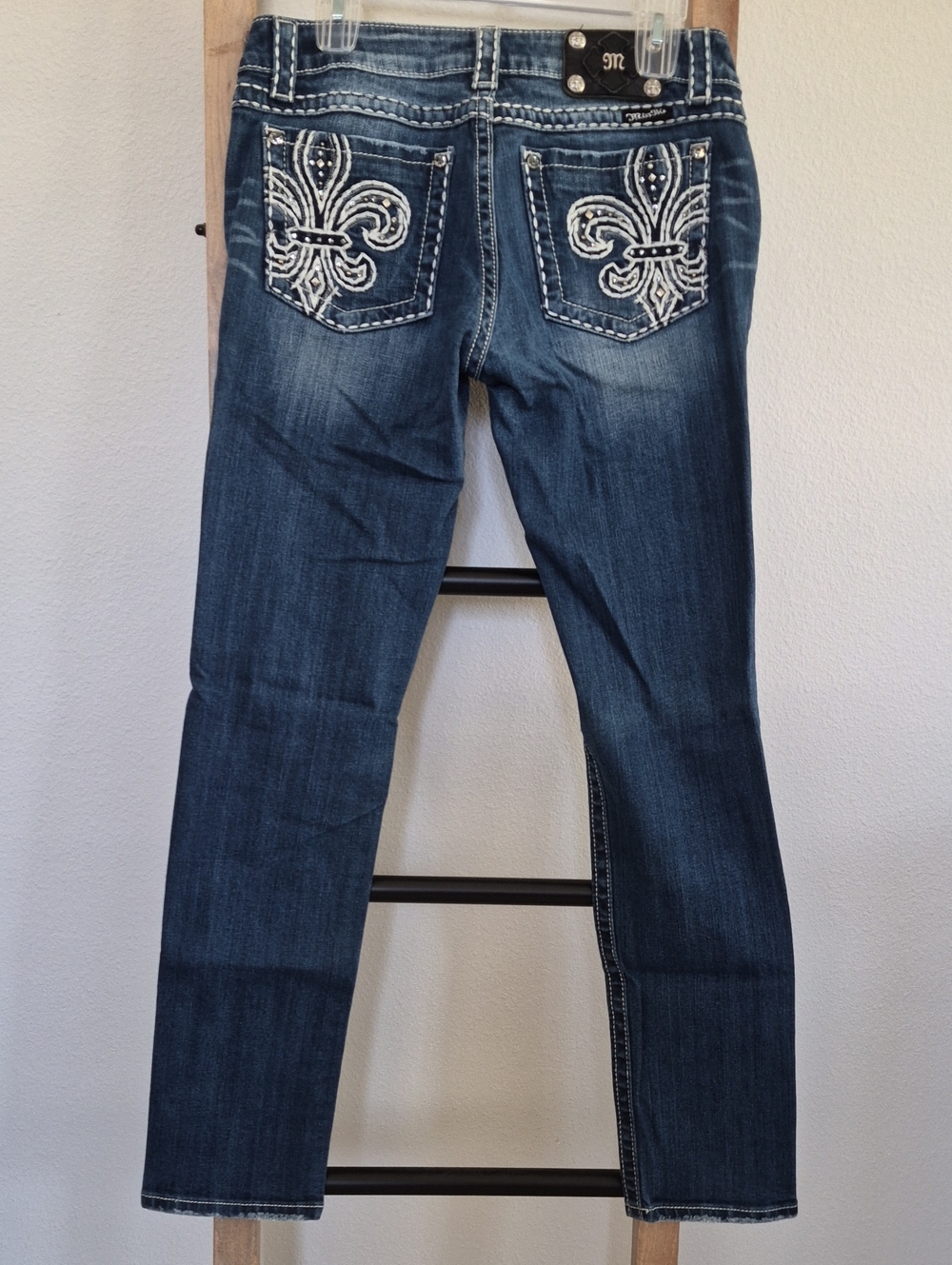 Miss Me Dark Blue Low Rise Skinny Jeans with White Embroidered Fleur-de-Lis